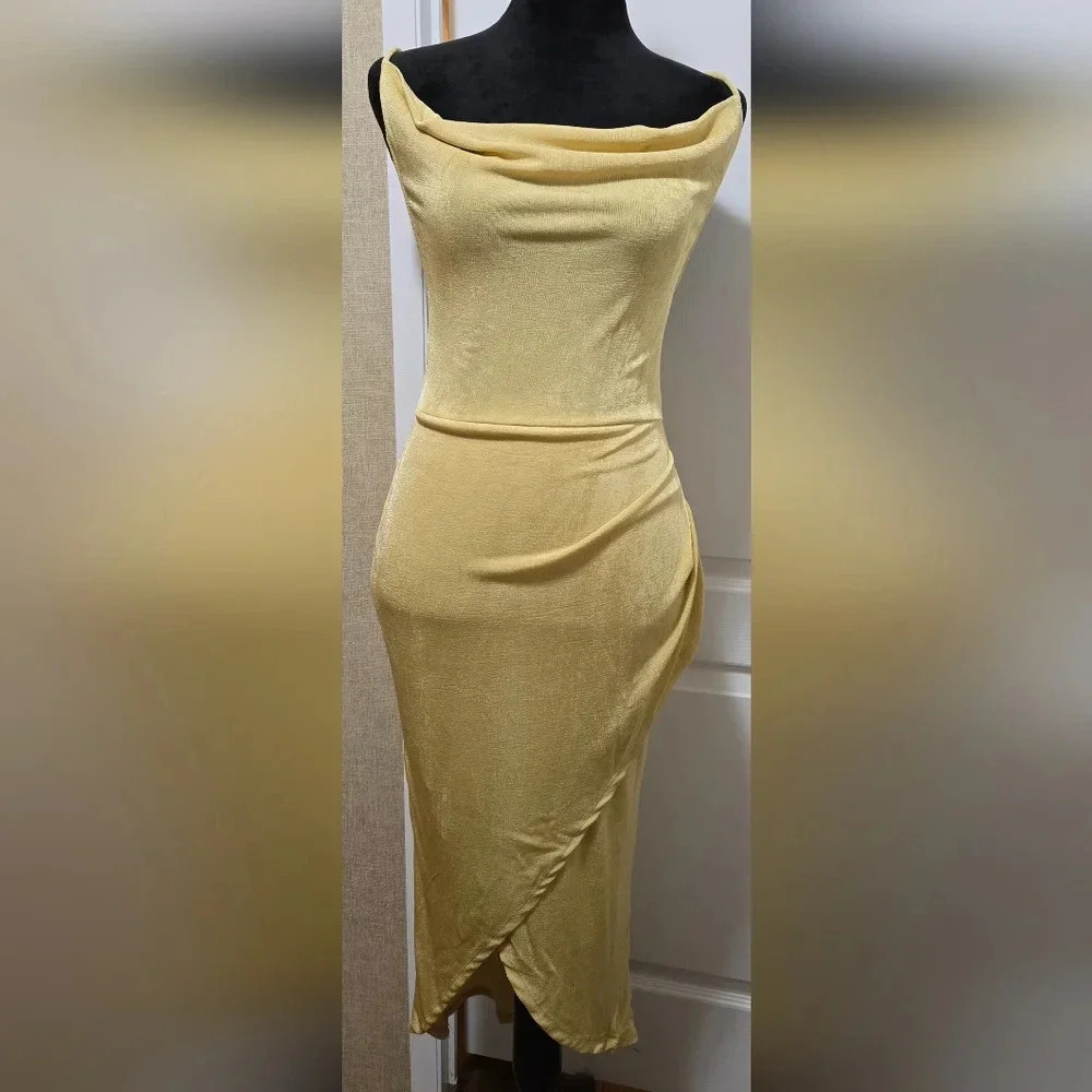 Cowl Neck Strappy Wrap Split Hemline Midi Dress L - Picture 5 of 9